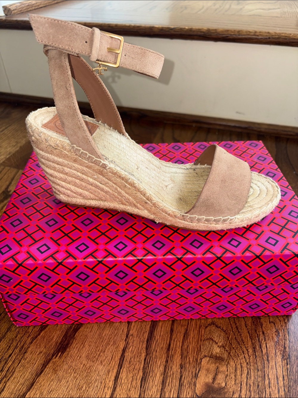 Tory Burch Natural Tan Suede Espadrille Wedge Sandals with Ankle Strap